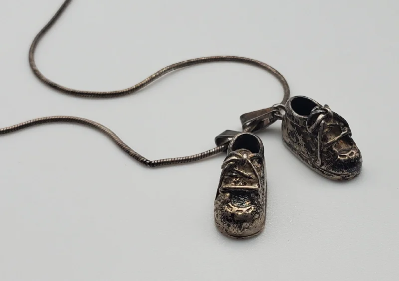 Unique Boho Necklace For Free-Spirited Look-Vintage Sterling Silver Baby Shoe Pendants on Sterling Silver Necklace - 24"