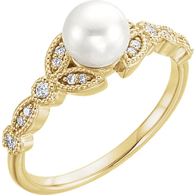 Personalized Engagement Rings For Special Moments-14K Gold Freshwater Pearl & 1/8 CTW Diamond Leaf Ring