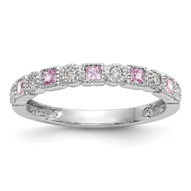 Trendy Gemstone Rings For Engagement Gifts-14k White Gold Round Diamond With Square Pink Sapphire Anniversary Band