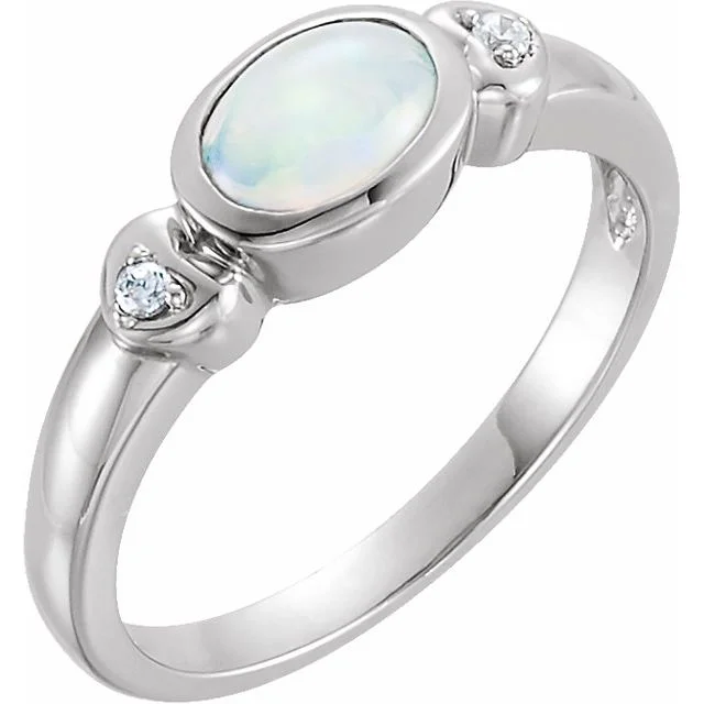 Custom Birthstone Rings For Personalized Jewelry-14k White Gold Bezel Oval Genuine Australian Opal & Diamond Hearts Ring