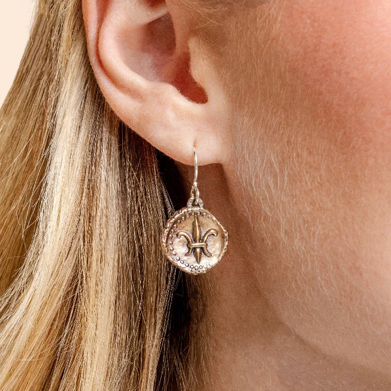 Trendy Earrings For Cocktail Parties-Fleur de Lis Doubloon Bronze Earrings