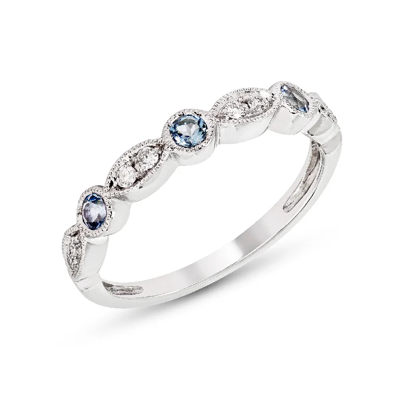 Classic Stacking Rings For Wedding Day-14k White or Yellow Gold Blue Topaz & Diamond Anniversary Band