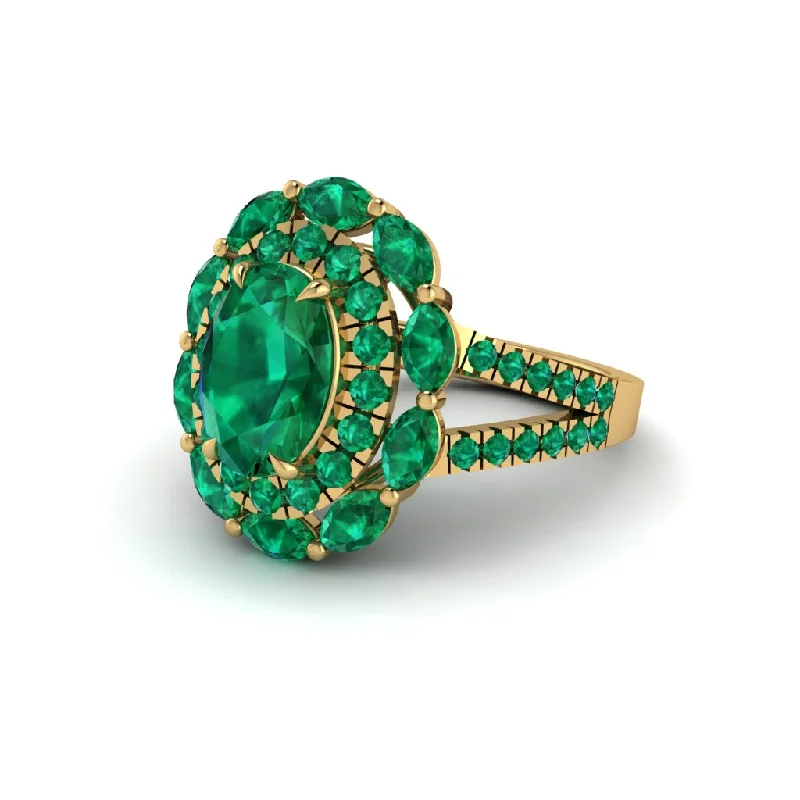 Unique Engagement Rings With Colored Gemstones-Emerald Double Halo Split Shank Oval Engagement Ring - Winona No. 19