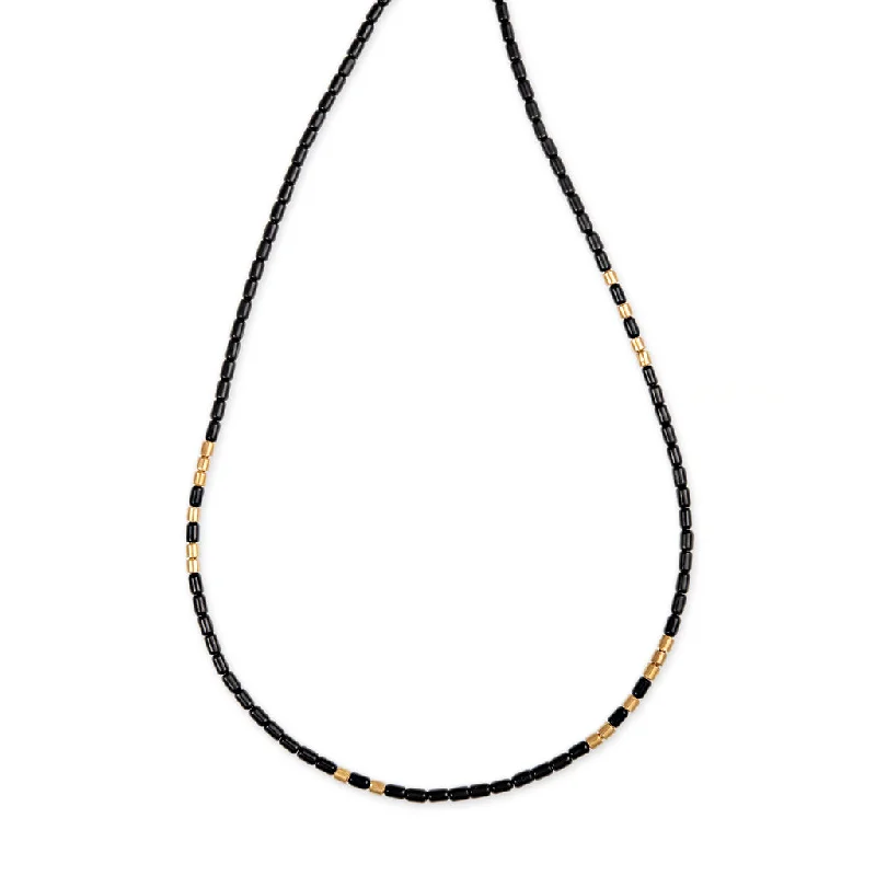 Luxury Gold Necklace For Bridal Jewelry-18 GOLD BEADS + ONYX TUBE BEADED NECKLACE