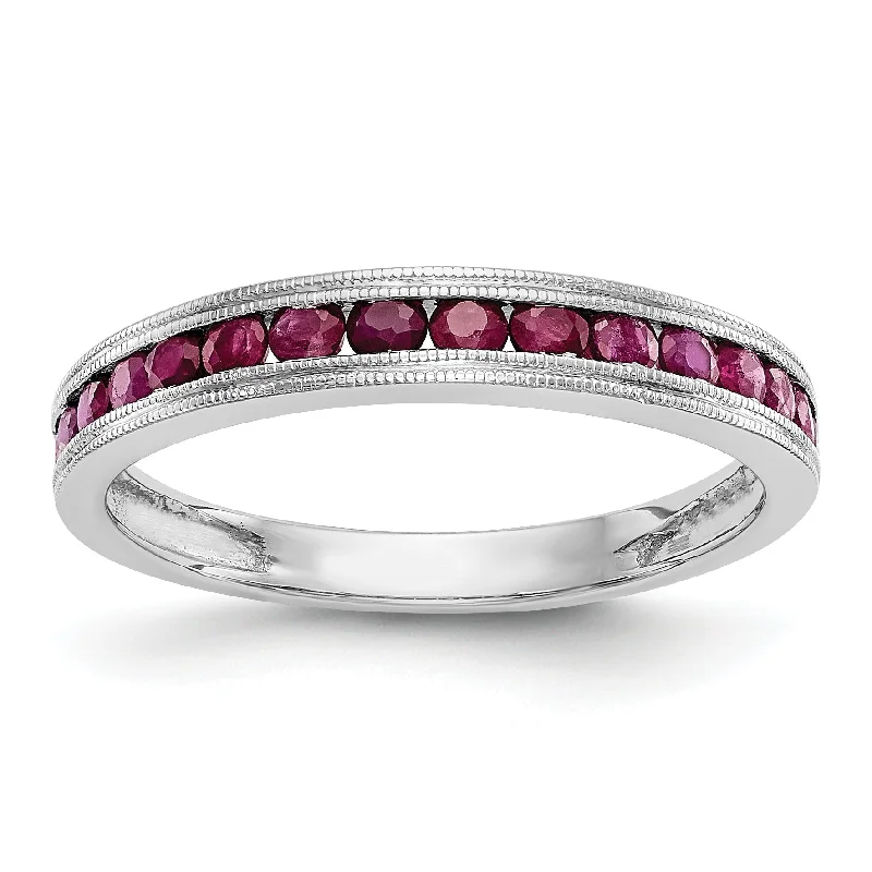 Personalized Name Rings For Custom Jewelry-14k White Gold Ruby Milgrain Channel Set Anniversary Band