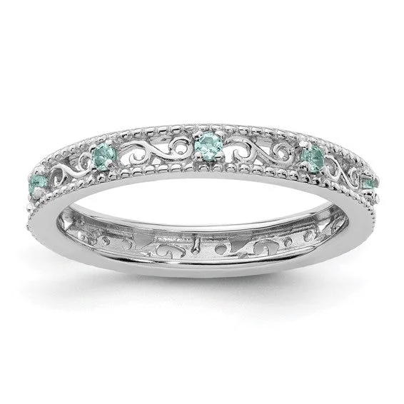 Classic Wedding Rings For Timeless Look-Sterling Silver Stackable Expressions Genuine Light Aquamarine Filigree Ring - Size 8