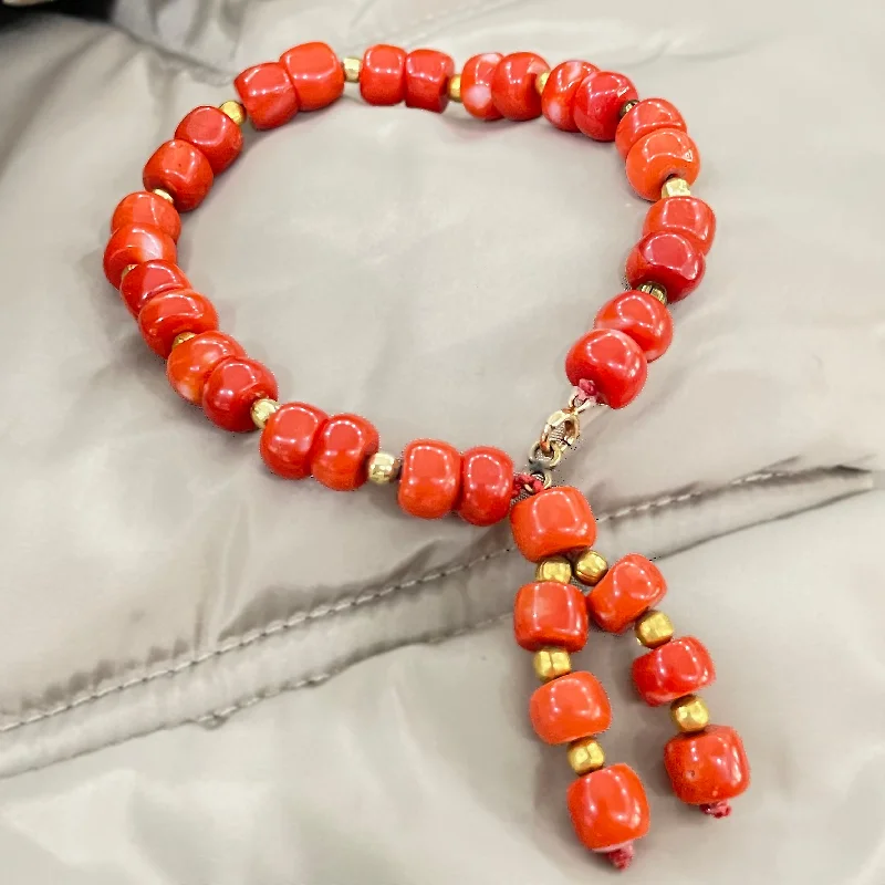 Birthstone Bracelets For Kids-Estate Carved Red Coral Bead Bracelet with Tassel – 7”