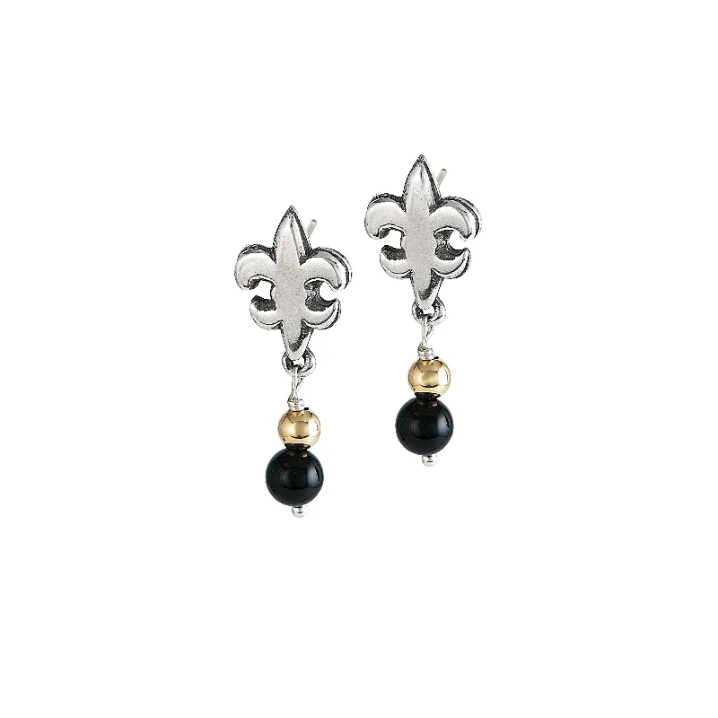 Handcrafted Gemstone Earrings For Special Gifts-Fleur de Lis Black & Gold Onyx Post Earrings