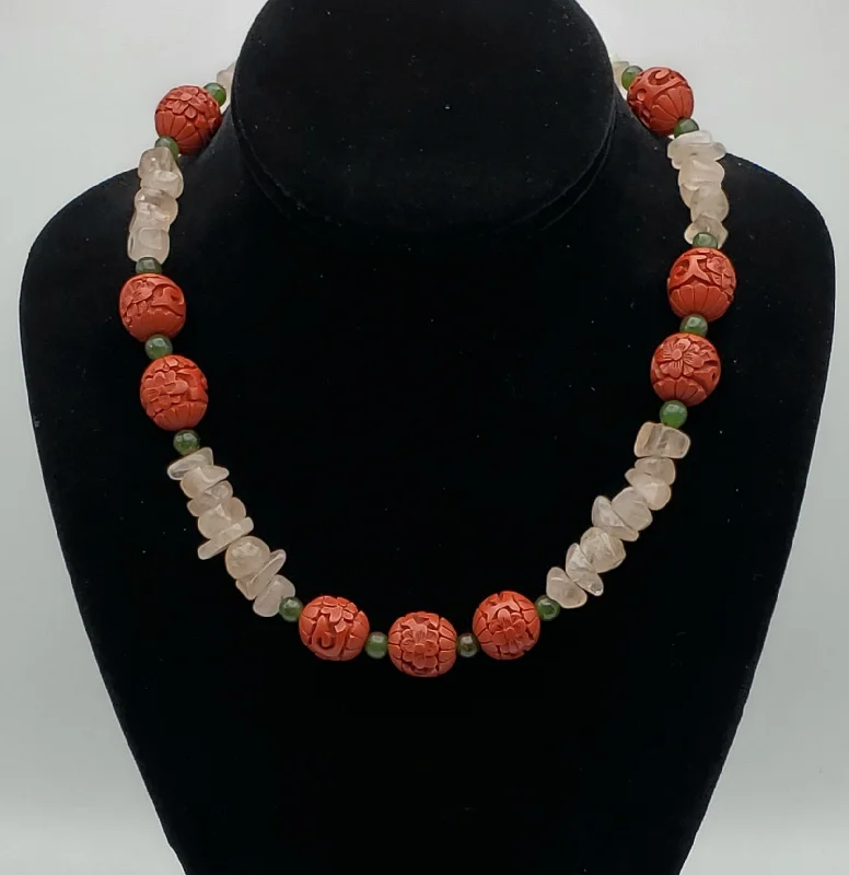 Simple Gemstone Necklace For Office Wear-Vintage Rose Quartz, Jade and Faux Cinnabar Bead Necklace - 18"