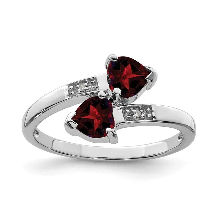 Trendy Gemstone Rings For Engagement Gifts-Sterling Silver Genuine Heart Garnet & Diamond 2 Stone Ring