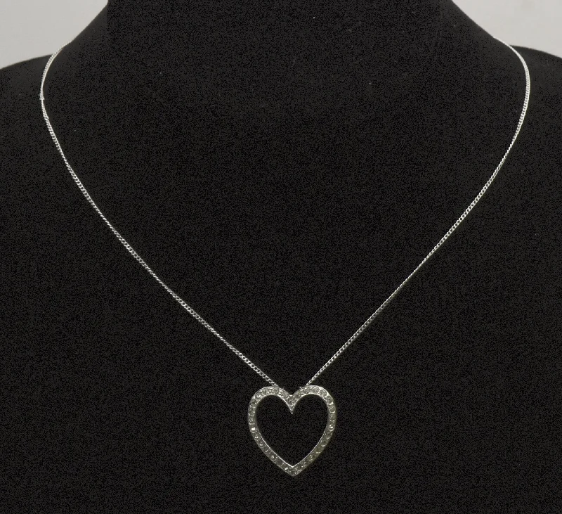 Long Beaded Necklace For Bohemian Style-Vintage Sterling Silver and Rhinestone Heart Pendant on Sterling Silver Chain Necklace - 16"