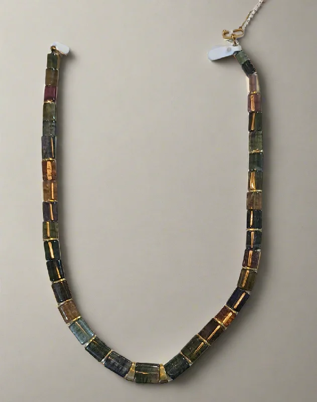 Elegant Gold Bar Necklace For Special Occasions-Necklace in 18k gold and multi color tourmalines