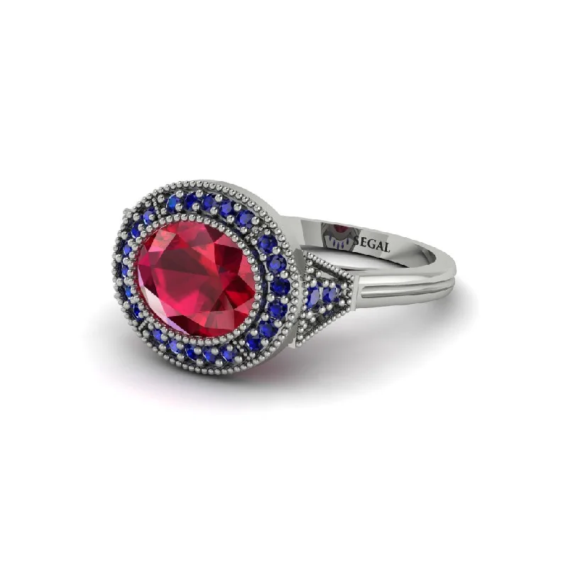 Elegant Gold Wedding Rings For Brides-Oval Cut Ruby Milgrain Halo Engagement Ring - Alexandria No. 72