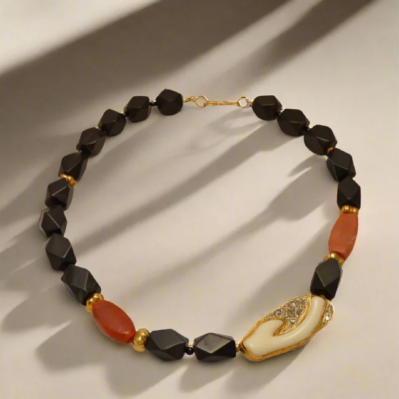 Long Silver Necklace For Formal Events-Necklace with Black Obsidian,  Carnelian, Coral with Diamonds and 18k gold elements