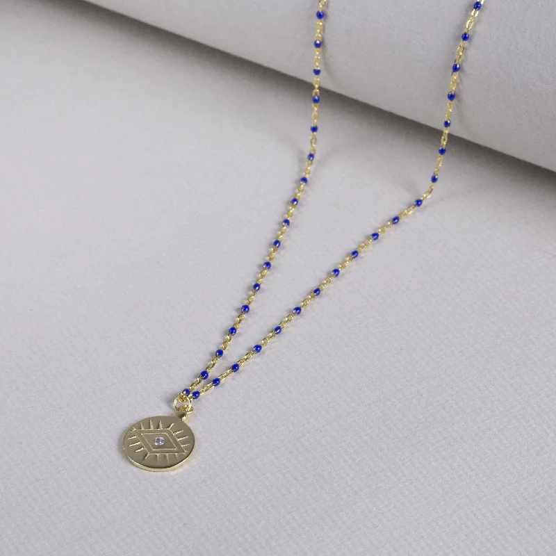 Simple Bar Necklace For Day-to-Day Wear-Coin Pendant Necklace with Gold Chain and Blue Beads