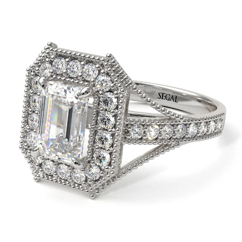 Personalized Promise Rings For Romantic Occasions-Emerald Cut Diamond Milgrain Halo Engagement Ring - Xanthe No. 3