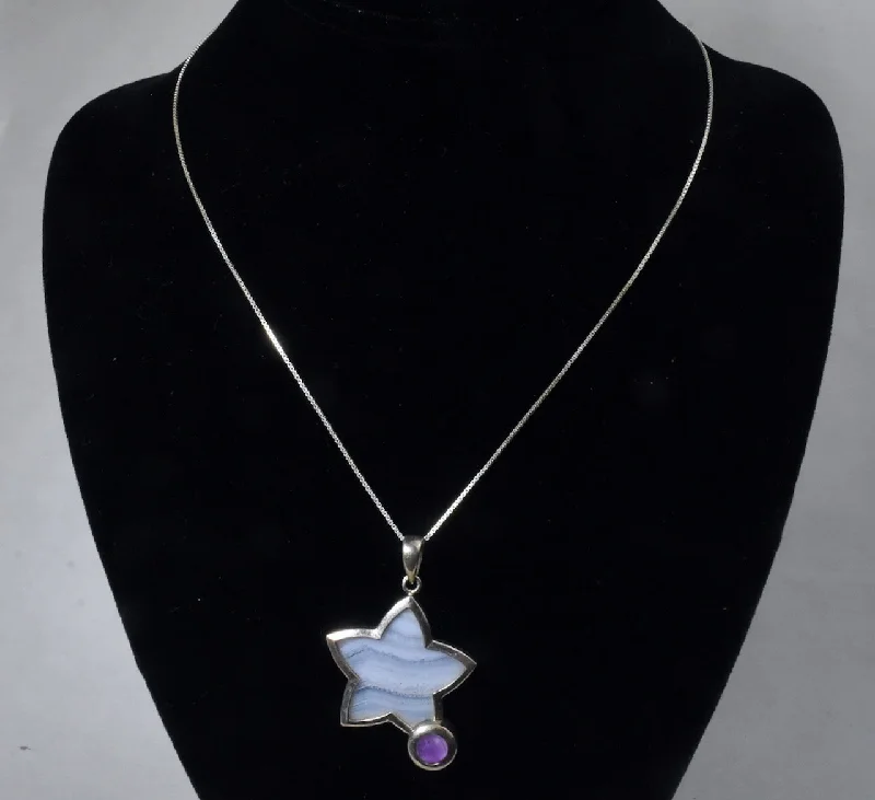 Unique Gemstone Necklace For Fashion Lovers-Sterling Silver Blue Lace Agate and Amethyst Star Pendant on Sterling Silver Chain Necklace