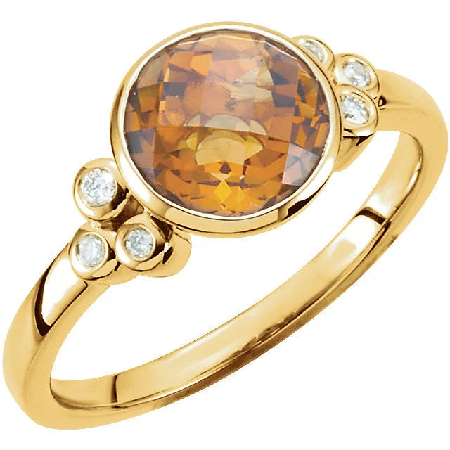 Elegant Rose Gold Wedding Rings For Special Events-14k Yellow Gold Round Bezel Set Citrine & Diamond Accented Ring