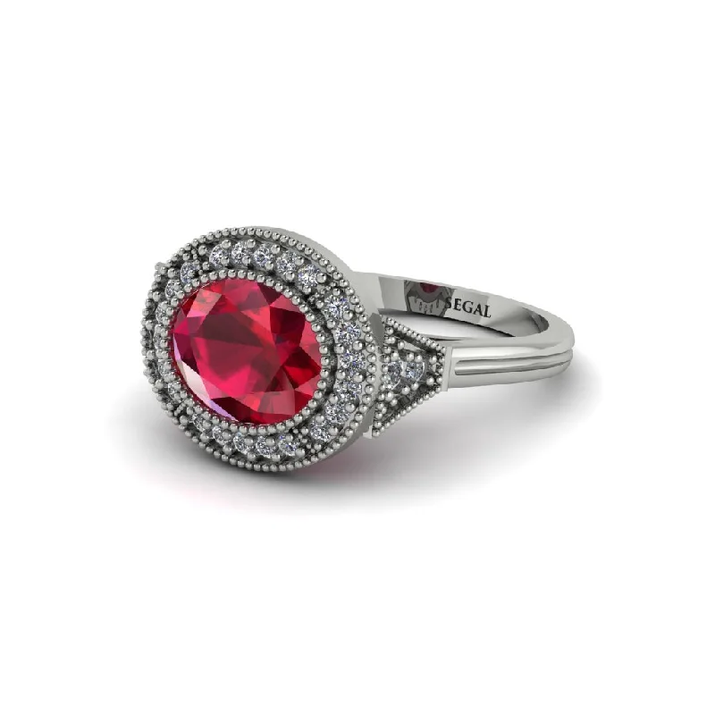 Classic Wedding Rings For Minimalist Brides-Oval Cut Ruby Milgrain Halo Engagement Ring - Alexandria No. 12