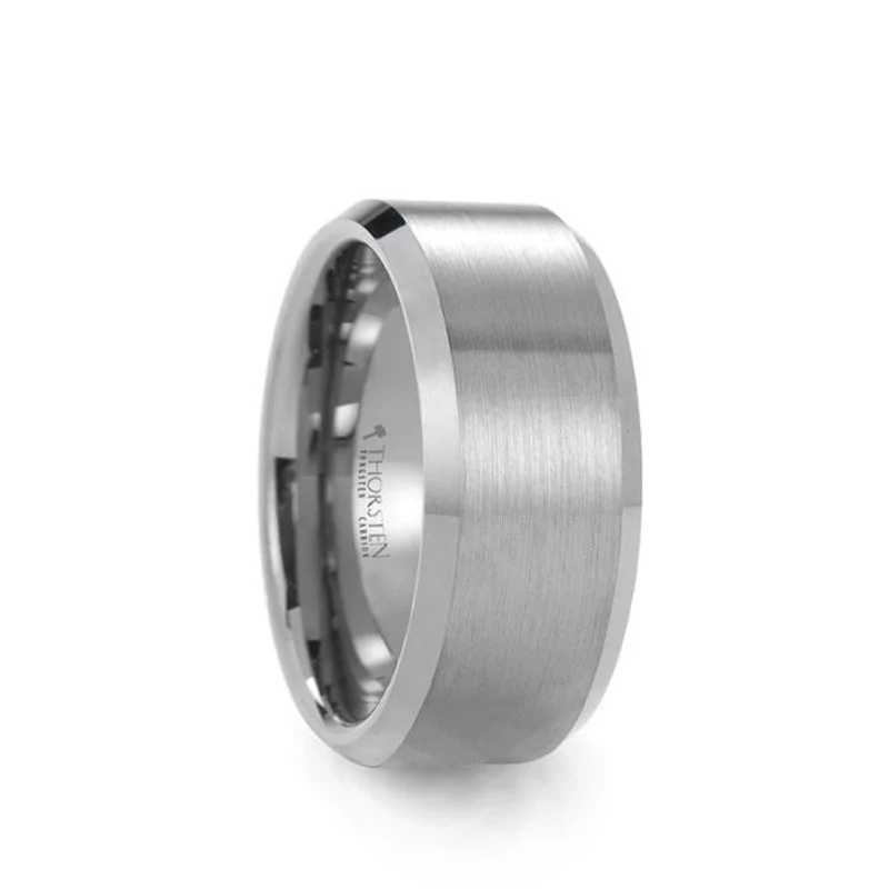 Personalized Wedding Bands For Groomsmen-Thorsten SHIPTON Tungsten Carbide Ring with Brushed Center and Beveled Edges - 10mm