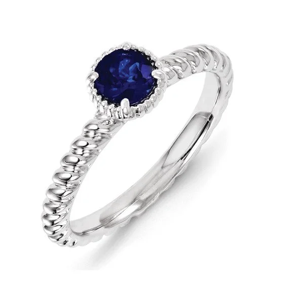 Custom Wedding Bands For Elegant Style-Sterling Silver Stackable Expressions Created Blue Sapphire Round Ring