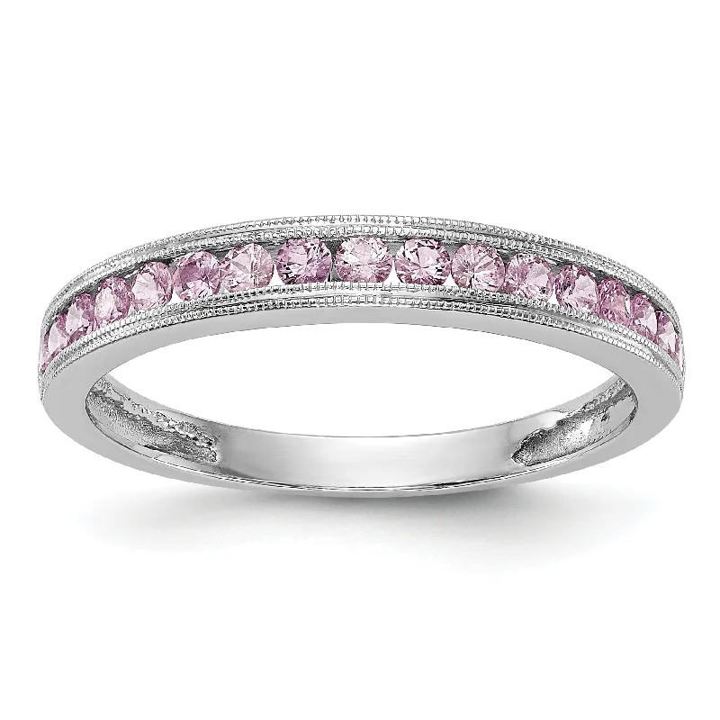 Personalized Stacking Rings For Casual Wear-14k White Gold Pink Sapphire Milgrain Channel Set Anniversary Band