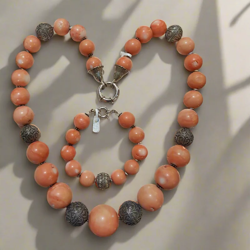 Personalized Infinity Necklace For Couples-Necklace with Pink Coral Stones (Angel Skin) and Silver Elements