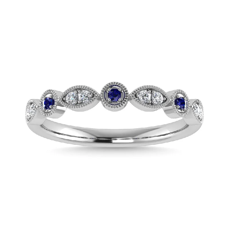 Trendy Silver Rings For Modern Brides-Diamond 1/8 Ct.Tw. Blue Sapphire Anniversary Band in 10K White Gold