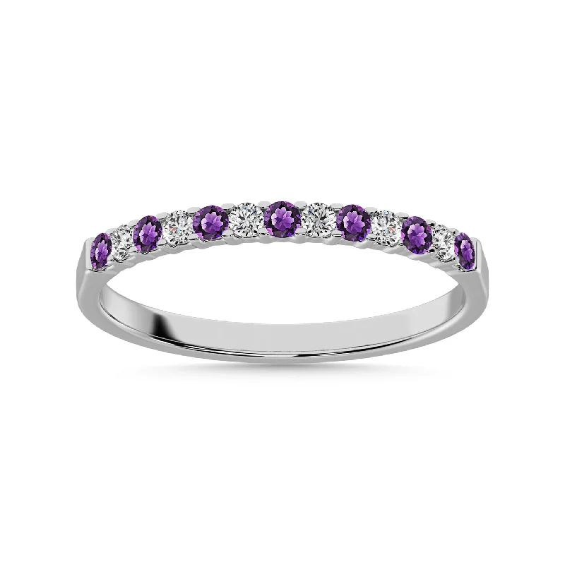 Unique Gemstone Wedding Bands For Grooms-14K White Gold 1/4 Ctw Alternate Amethyst & Diamond Anniversary Band