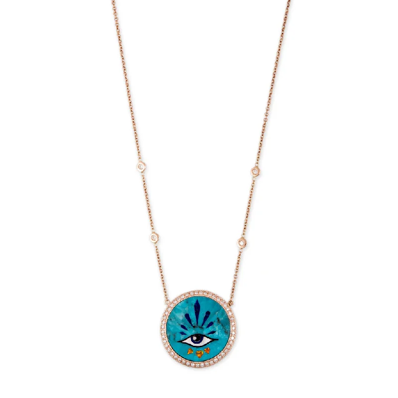 Colorful Crystal Necklace For Day-to-Day Wear-SMALL PAVE 3 HEARTS EYE BURST TURQUOISE INLAY NECKLACE