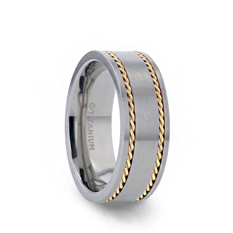 Unique Wedding Bands With Engraving For Couples-Thorsten FERDINAND Titanium Brushed Finish Flat Men's Wedding Ring With 14K Yellow Gold Dual Braided Inlay - 8mm