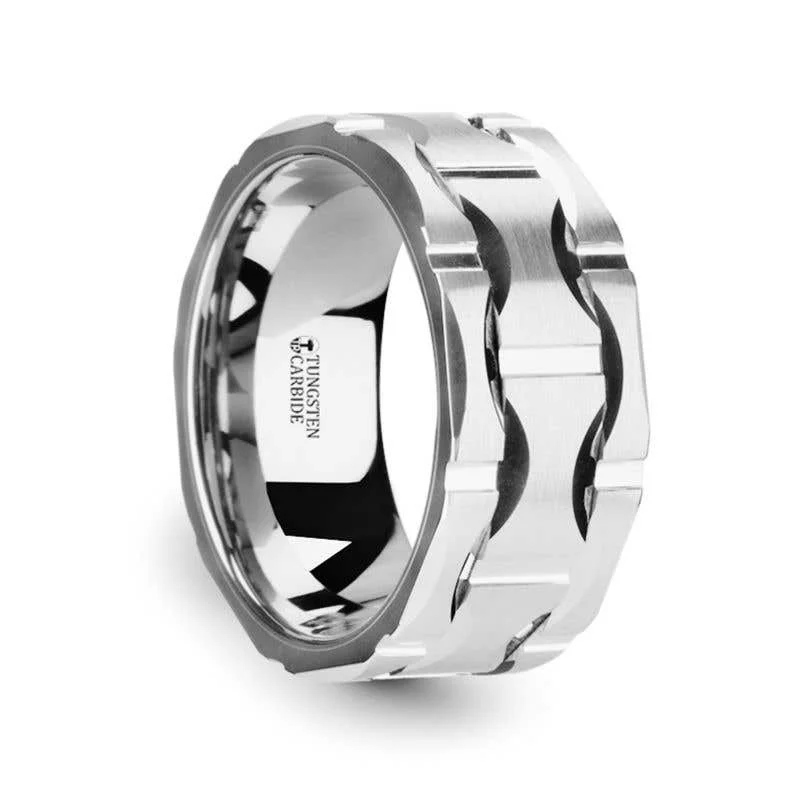 Elegant Men’s Wedding Bands For Fashion-Forward Grooms-Thorsten KANYE Tungsten Carbide Wedding Band with Moon Grooves and Brushed Finish - 10mm