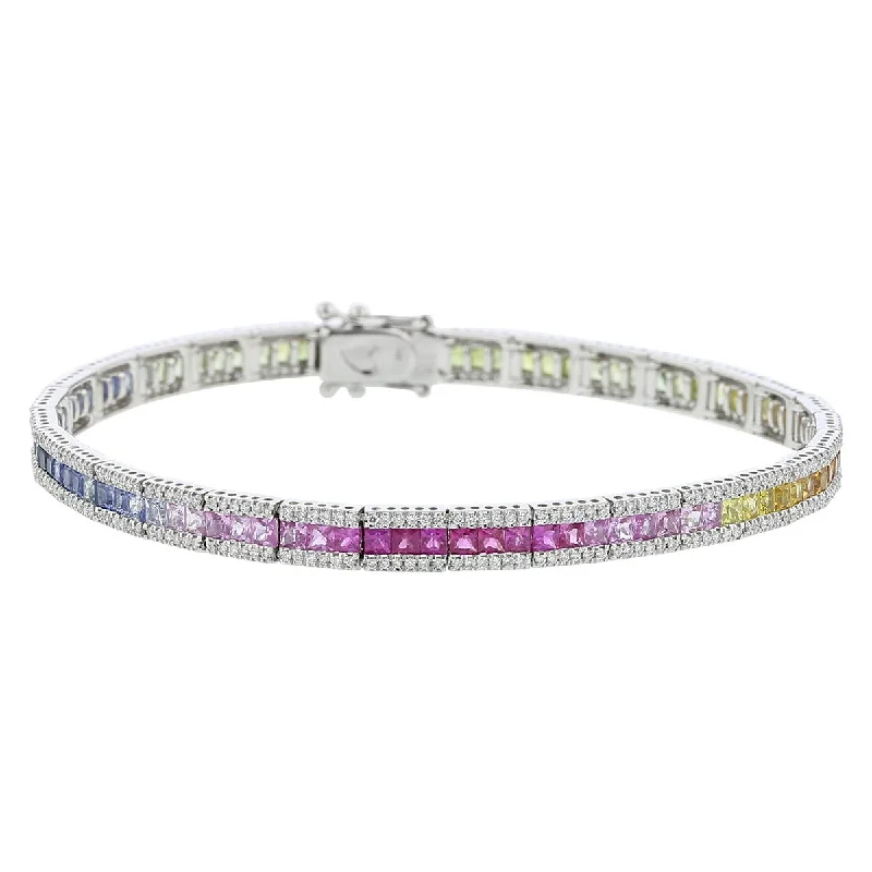 Handmade Gold Bracelets-14K White Gold Rainbow Sapphire and Diamond Bracelet