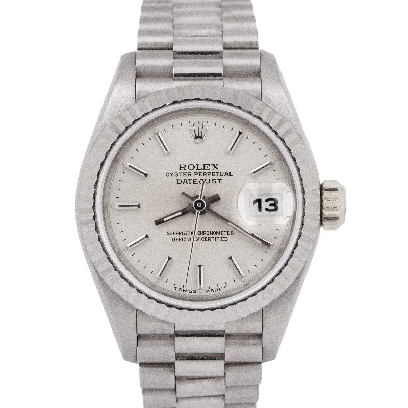 High-End Swiss Watches For Men-UNPOLISHED Rolex DateJust 26mm Silver President 18K White Gold Watch 69179