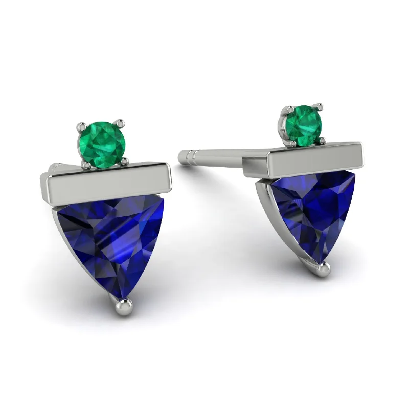 Large Gold Earrings For Evening Parties-Triangle Sapphire Earrings With Round Stone - Estella No. 30