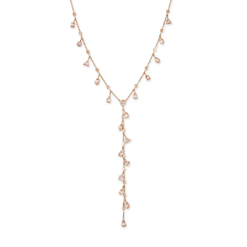 Unique Pendant Necklace For Custom Style-MULTI SHAPE MORGANITE + DIAMOND SHAKER Y NECKLACE