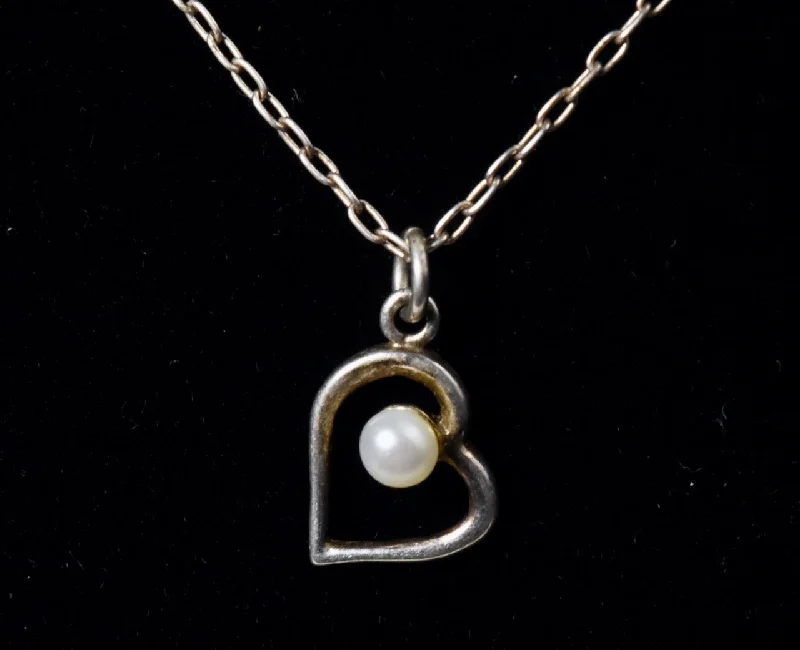 Elegant Gold Bar Necklace For Special Occasions-Sterling Silver Pearl Heart Pendant on Sterling Silver Chain Necklace