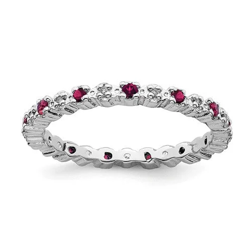 Trendy Silver Wedding Rings For Bridesmaids-Sterling Silver Stackable Expressions Ruby & Diamond Alternating Eternity Ring