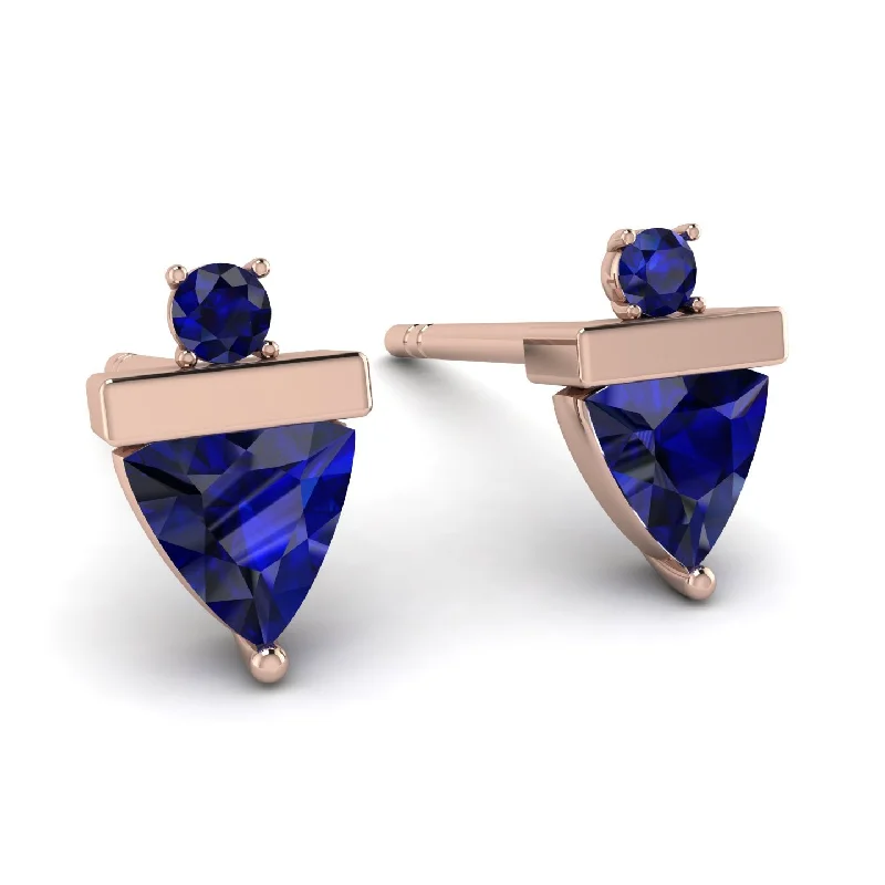 Colorful Stud Earrings For Fun Look-Triangle Sapphire Earrings With Round Stone - Estella No. 74