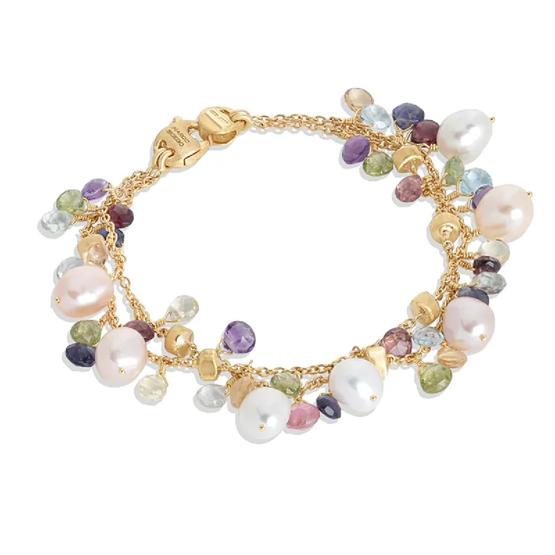 Stretch Beaded Bracelets-18K Yellow Gold Mixed Gemstone and Pearl Double Strand Bracelet