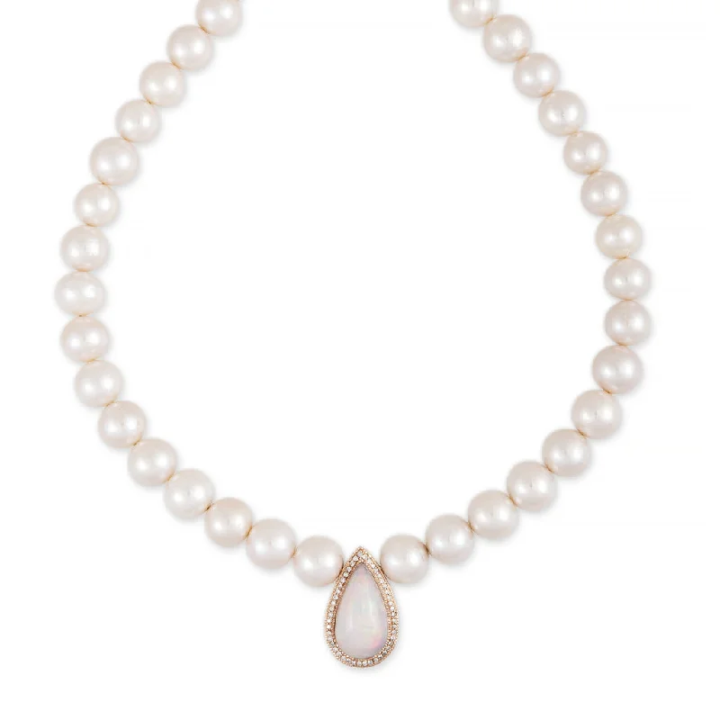 Unique Pearl Necklace For Weddings-PAVE OPAL TEARDROP CENTER FRESHWATER PEARL BEADED NECKLACE