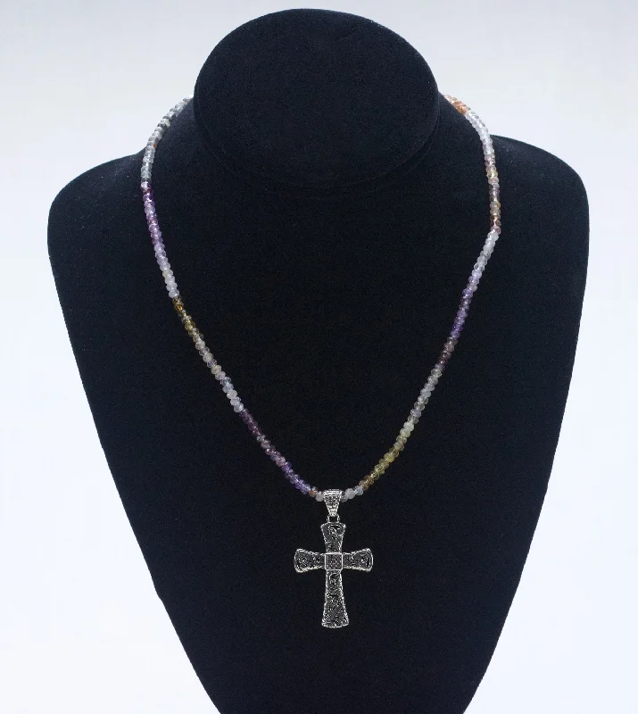 Simple Bar Necklace For Elegant Gifts-Sterling Silver Crucifix on Quartz Varieties Multicolor Beaded Necklace - 18" - BROKEN CLASP