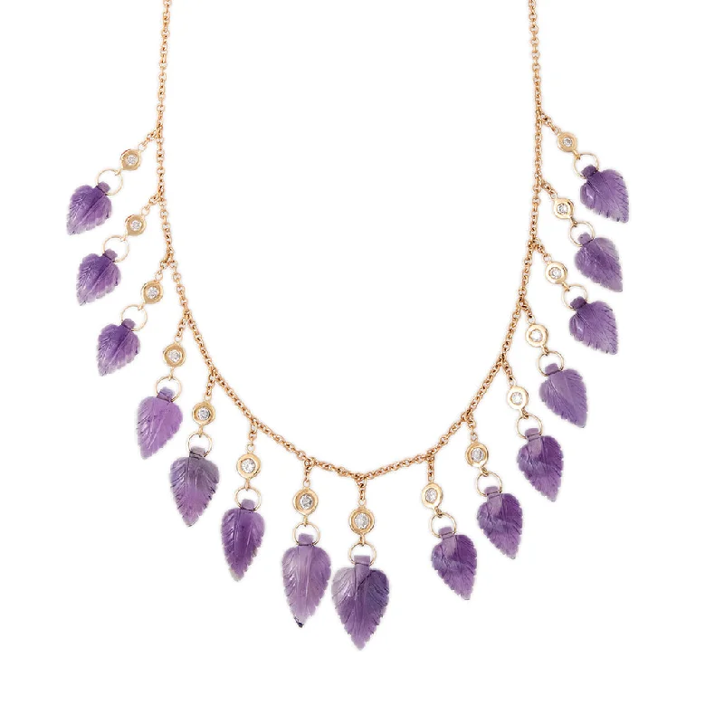 Simple Silver Necklace For Wedding Guests-15 DIAMOND AMETHYST LEAF SHAKER NECKLACE