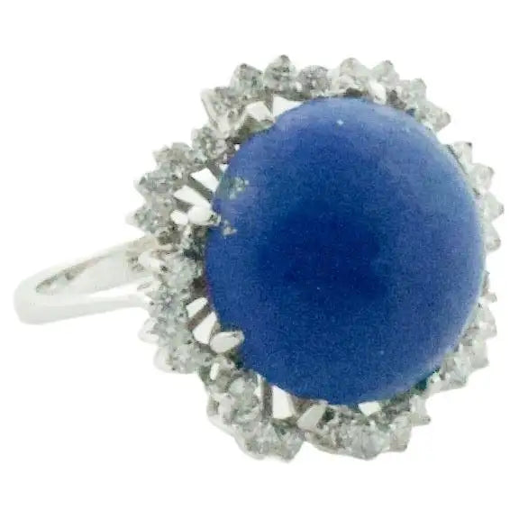 Custom Gemstone Rings For Wedding Day-Lapis Lazuli and Diamond Dome Ring in White Gold, circa 1960's