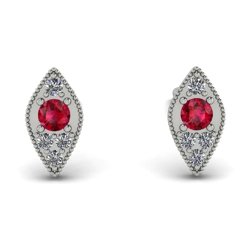 Classic Silver Hoop Earrings For Casual Wear-Milgrain Marquise Ruby Earrings - Faye No. 12