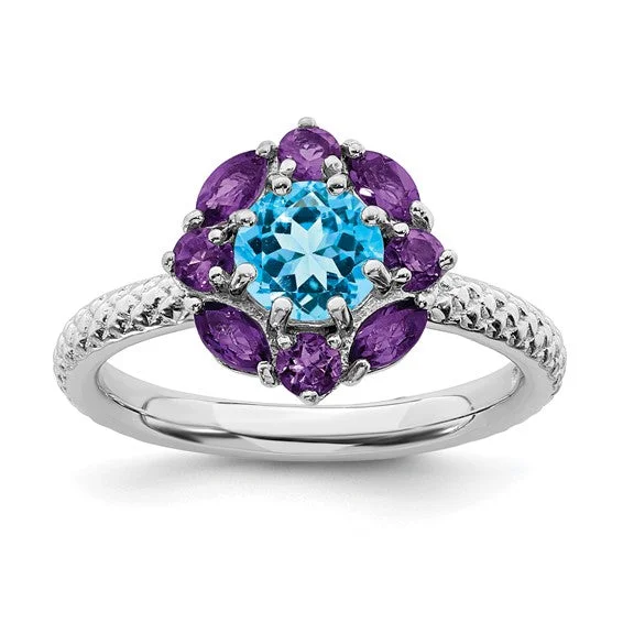 Custom Wedding Rings With Personal Engravings-Sterling Silver Stackable Expressions Amethyst And Blue Topaz Ring