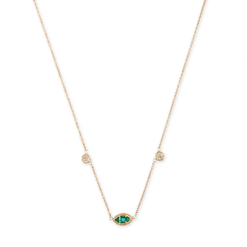 Classic Gold Pendant Necklace For Bridesmaids-EMERALD MARQUISE + ROUND SOPHIA DIAMOND NECKLACE