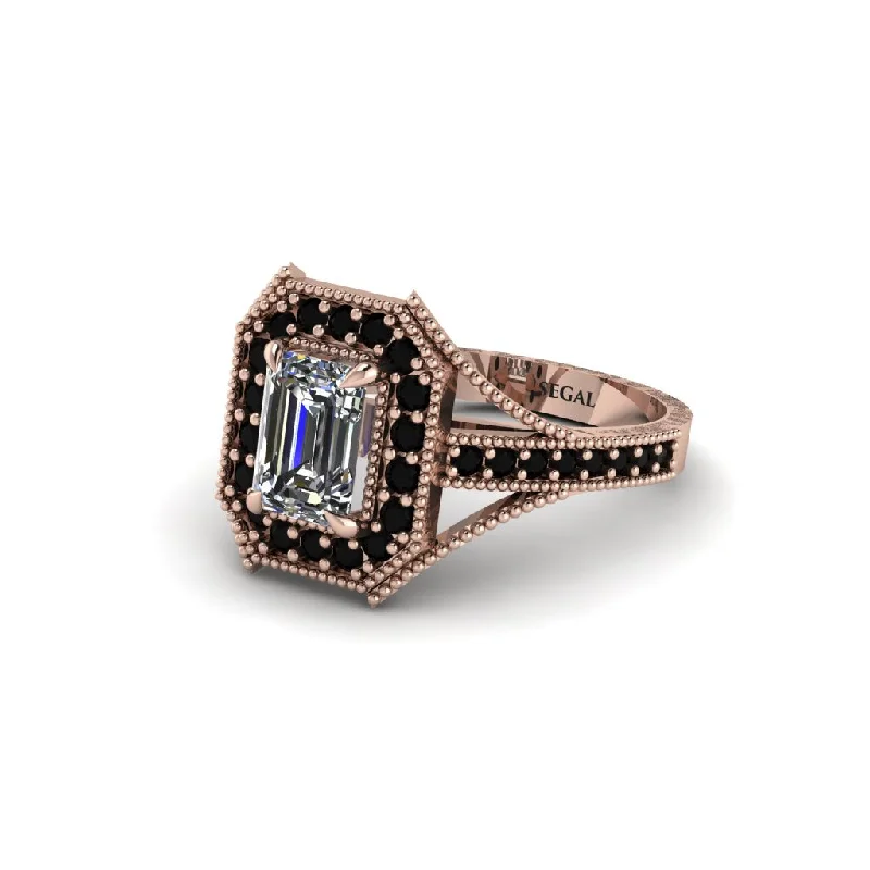 Custom Engagement Rings For Romantic Proposals-Emerald Cut Black Diamond Milgrain Halo Engagement Ring - Xanthe No. 32