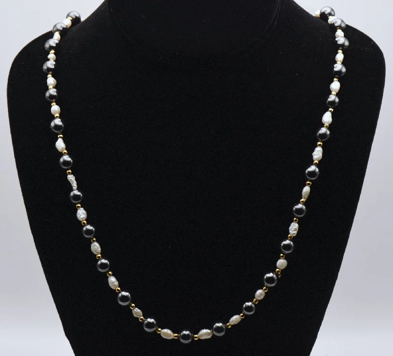 Gold Hoop Necklace For Casual Look-Hematite and Freshwater Pearls Necklace - 24"