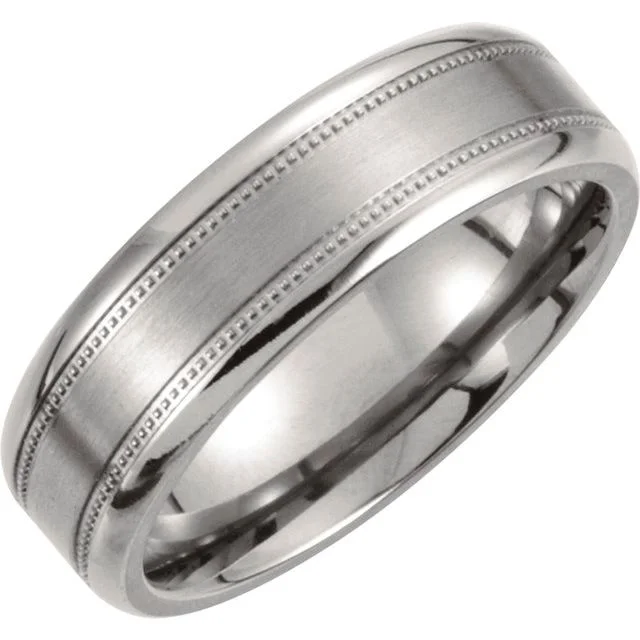 Custom Wedding Bands For Elegant Style-Titanium 7 mm Satin Finish Center & Polished Milgrain Band Size 11